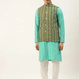 SOJANYA Men Blue Chikankari Embroidered Kurta with Churidar & Nehru Jacket-image-11