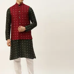 SOJANYA Men Olive Green Ethnic Motifs Kurta with Churidar & Nehru Jacket-image-45