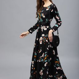 Tokyo Talkies Black Floral Print Flared Maxi Dress with a Belt-image-39