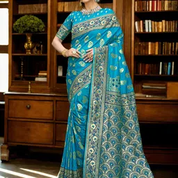 Anouk Turquoise Blue & Gold Toned Woven Design Zari Art Silk Paithani Saree-image-10