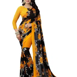 KALINI Yellow & Black Floral Printed Art Silk Saree-picture-5