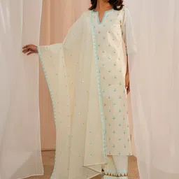 Libas Floral Embroidered Thread Work Pure Cotton Kurta With Palazzos & Dupatta-image-78