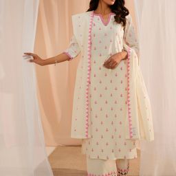 Libas Floral Embroidered Thread Work Pure Cotton Kurta With Palazzos & Dupatta-image-64