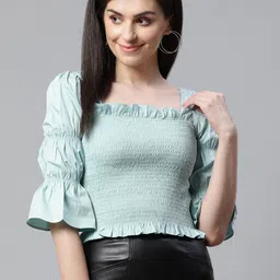 STREET 9 Green Smocked Fitted Pure Cotton Top-image-59