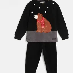 Cherry Crumble Kids Black & Brown Bear Applique Fleece Night Suit-picture-17