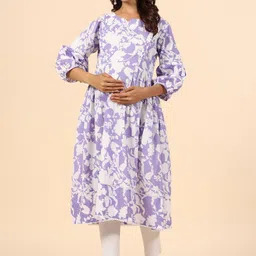 Ikk Kudi by Seerat Floral Printed Puff Sleeves Anarkali Maternity Cotton Kurta-image-1