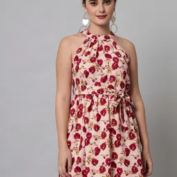 emeros Nude-Coloured Printed Floral Round Neck Crepe Dress-image-12