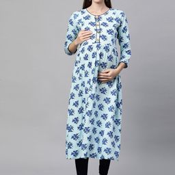 MomToBe Women Blue Floral Printed Maternity Nursing Sustainable Kurta-image-30