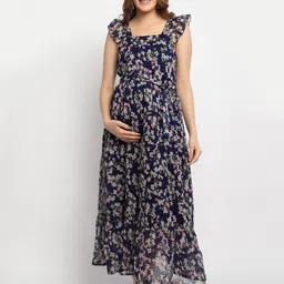 Moms Maternity Floral Print Flutter Sleeve Georgette Maternity Maxi Dress-picture-17
