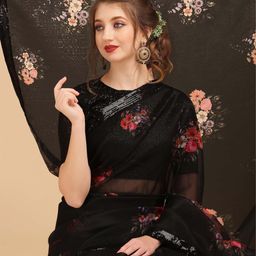 Sangria Black & Coral Floral Sequinned Organza Celebrity Saree-image-28