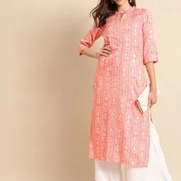 RANGMAYEE Women Pink & White Ethnic Motifs Printed Liva Kurta-image-73