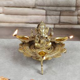 Two Moustaches Gold Toned Ganesha on Lotus with Three Leaf Design Diya-10