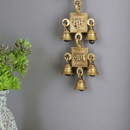 Two Moustaches Brown Shubh Labh Wall Hanging with Bells-0