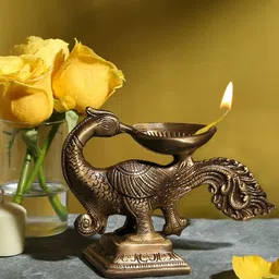 Two Moustaches Brown Peacock Design Oil Wick Brass Diya-image-42