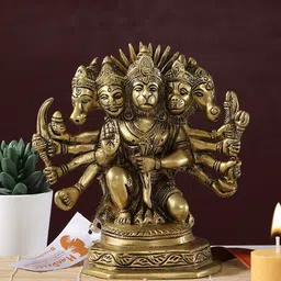 Two Moustaches Yellow Brass Seated Panchmukhi Hanuman-image-77