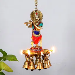 Two Moustaches Brown Krishna Design Brass Hanging Diya-picture-18