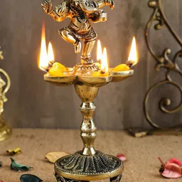 Two Moustaches Gold-Toned Dancing Ganesha Over Ethnic Legs Five Oil Wick Brass Diya-image-25