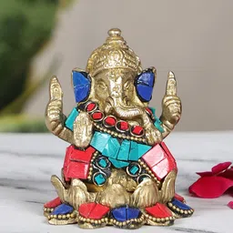 Two Moustaches Gold Toned Metal Ganesha Idol Showpiece-image-44