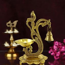Two Moustaches Gold-Toned Ethnic Carved Peacock Design Brass Diya with Bell-image-29