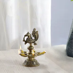 Two Moustaches Yellow Peacock Design 5 Oil Wick Brass Table Diya-image-47