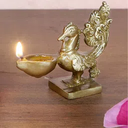 Two Moustaches Brown Brass Peacock Deepak Oil Lamp-27