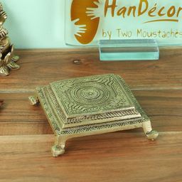 Two Moustaches Yellow Textured Lotus Engraved Pooja Chowkie-15