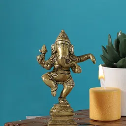 Two Moustaches Gold Toned Brass Dancing Ganesha Idol-image-87