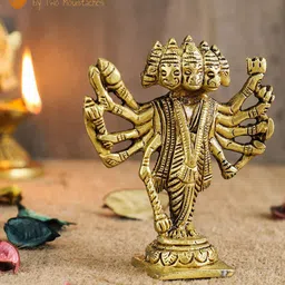 Two Moustaches Gold Toned Textured Standing Panchmukhi Hanuman Showpiece-image-3