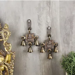 Two Moustaches Brown 2 Pcs Brass Ganesh Laxmi Bells Set-image-17