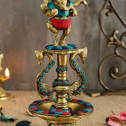 Two Moustaches Gold-Toned Dancing Ganesha Gemstone Work Brass Oil Diya-image-83
