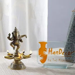 Two Moustaches Brown Brass Ganesha Design Five Oil Wick Diya-picture-45