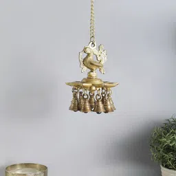 Two Moustaches Brown Peacock Design Brass Hanging Diya with Bells-29