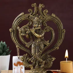 Two Moustaches Yellow Brass Krishna Statue-image-75