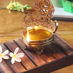 Two Moustaches Ethnic Vintage Design Brass Carving Diya on Three Carved Legs-image-50