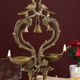 Two Moustaches Brown Brass Ethnic Carved Peacock Design Over Twin Diya-picture-23
