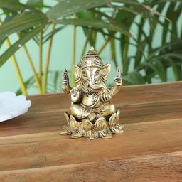 Two Moustaches Gold Toned Brass Ganesha on Lotus Showpiece-image-81