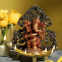 Two Moustaches Brown Dancing Ganesha Carving Brass Diya Stand-image-36