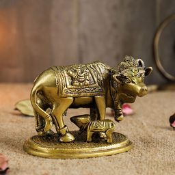 Two Moustaches Gold-Toned Holy Kamdhenu Cow & Calf Sculpture Showpiece-image-81