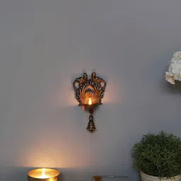 Two Moustaches Brown Twin Peacock With Bell Wall Hanging Diya-picture-42