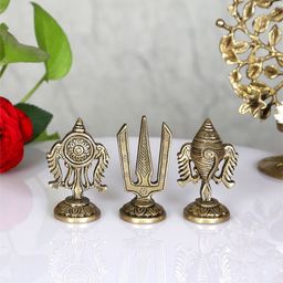 Two Moustaches 3-Pcs Golden Brass Shankh Chakra Namah Idol Figurine Showpiece-image-19