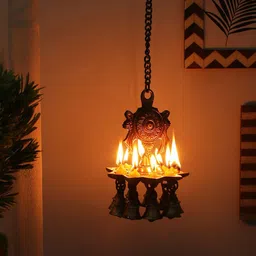 Two Moustaches Chakra Design 9 Oil Wick Brass Hanging Diya-image-53