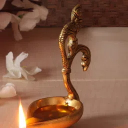 Two Moustaches Gold-Toned Ethnic Curved Peacock Handle Design Brass Diya-image-24