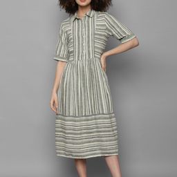Allen Solly Woman Women Olive Green Striped Linen Shirt Midi Dress-picture-31