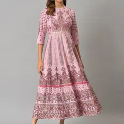 W Pink Ethnic Motifs Midi Fit And Flare Ethnic Dress-image-76