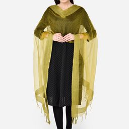 Dupatta Bazaar Olive Green Solid Organza Dupatta-37