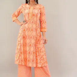 PRAKRTEE Women Coral Ethnic Motifs Printed Panelled Pure Cotton Kurti with Palazzo-image-3