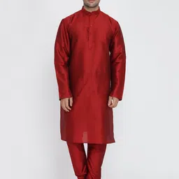 ROYAL KURTA Men Maroon Embroidered High Slit Dupion Silk Kurti with Pyjamas & With Dupatta-image-68