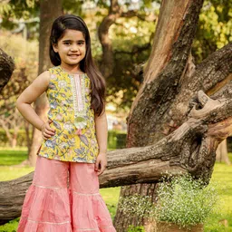 LIL DRAMA Girls Yellow Floral Printed Tiered Pure Cotton Kurti with Sharara-image-32