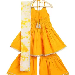 Tiber Taber Girls Yellow Pleated Gotta Patti Pure Cotton Kurti with Sharara & Dupatta-image-30