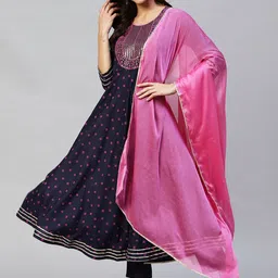 KALINI Women Navy Blue Ethnic Motifs Printed Empire Kurta with Trousers & With Dupatta-0
